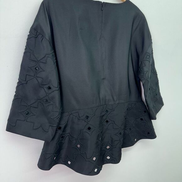 Tibi New York Women’s Black Silk Eyelet Elbow Length Pull Over Blouse - Picture 7 of 8